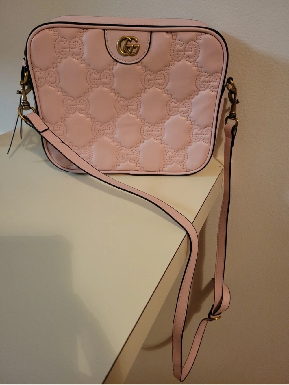 Gucci Light Pink Quilted GG Leather Crossbody Bag with Gold-Tone Hardware